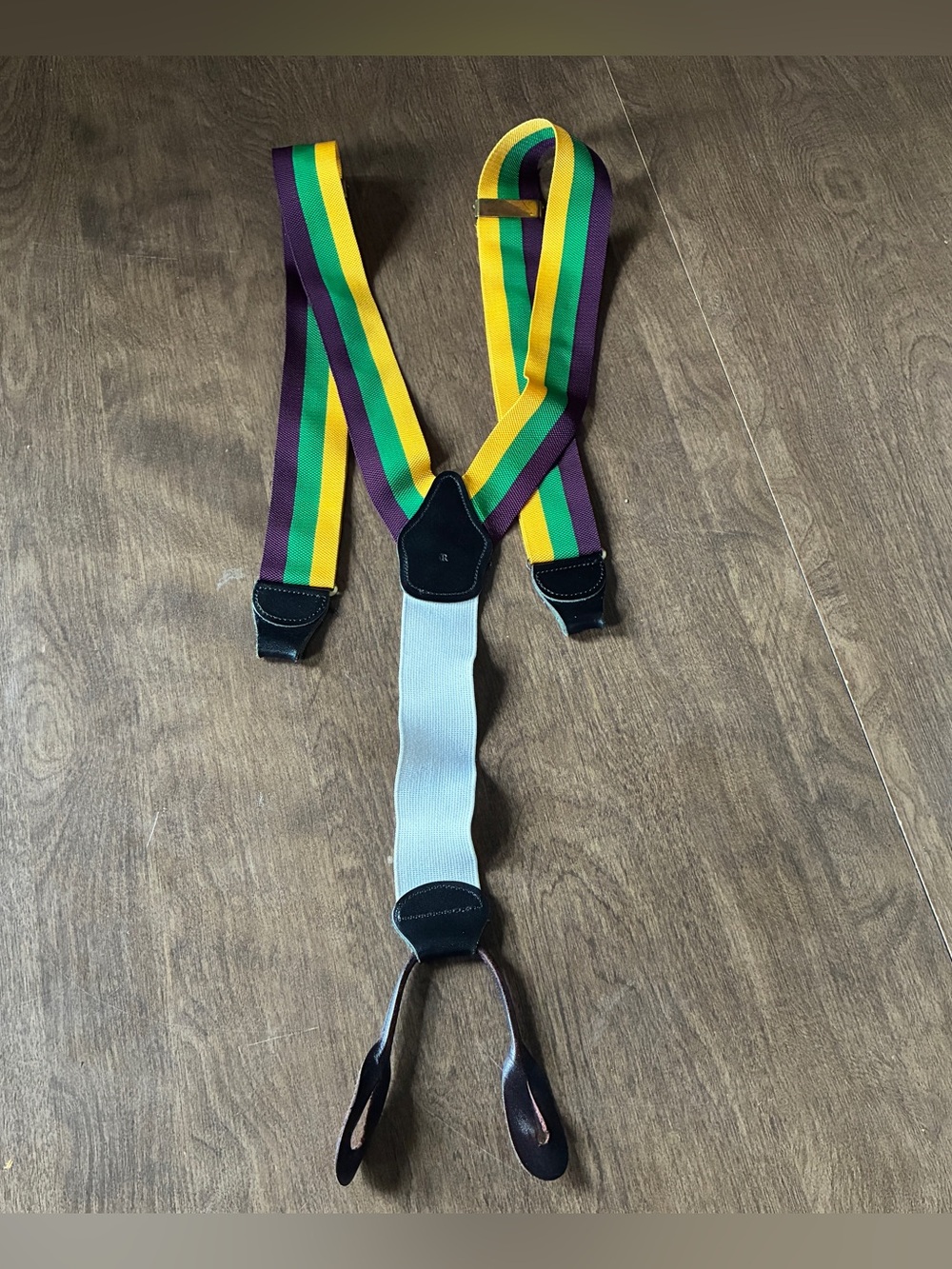 Dooney & Bourke Suspenders Green Purple Blue Striped Leather Ends Preppy Spring